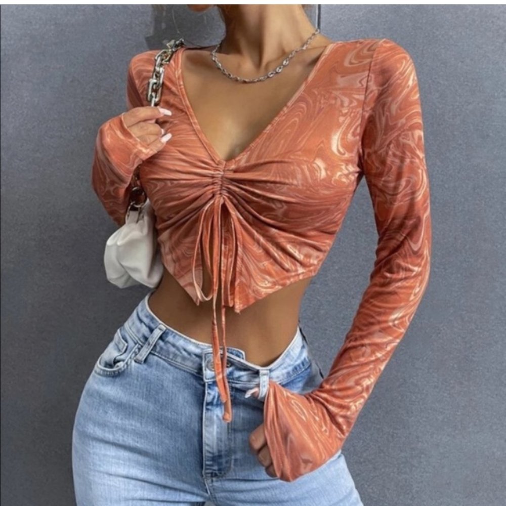 Orange Marbled Cinch Front Top Cropped - Picture 3 of 12